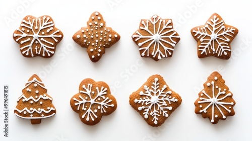 Gingerbread cookies in festive shapes including snowflakes and Christmas trees displayed on a white background from a top view