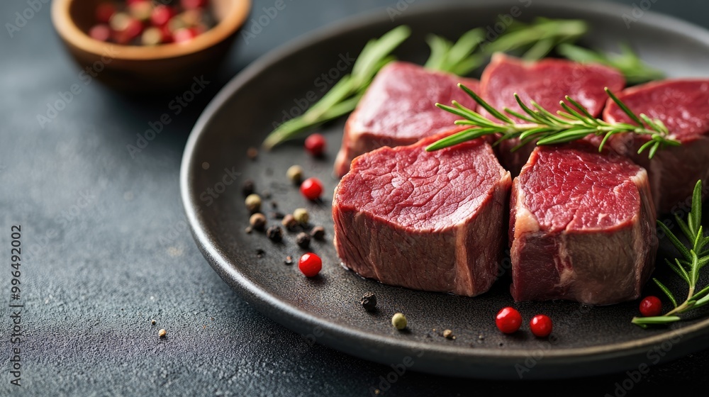 Raw meat on a plate showcasing veal tenderloin Represents a predatory diet with a focus on zero carbohydrates and the ketogenic diet concept Raw meat on a plate showcasing veal tenderloin Represents a predatory diet with a focus on zero carbohydrates and the ketogenic diet concept