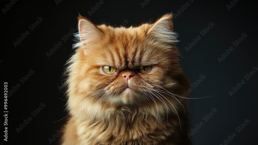Close up of an displeased red Persian cat against a dark backdrop Close up of an displeased red Persian cat against a dark backdrop