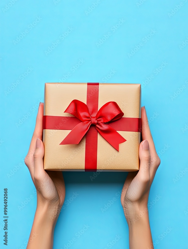 Gift Box with Red Ribbon in Hands, Top View Gift Box with Red Ribbon in Hands, Top View