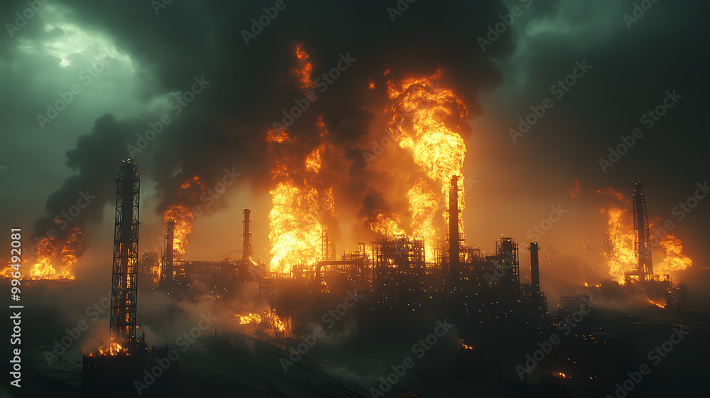 Cinematic View of an Oil Refinery in the Background with Smoke Billowing Against a Dramatic Sky, Capturing the Industrial Landscape and Environmental Impact, Ideal for Themes of Energy Production and Cinematic View of an Oil Refinery in the Background with Smoke Billowing Against a Dramatic Sky, Capturing the Industrial Landscape and Environmental Impact, Ideal for Themes of Energy Production and