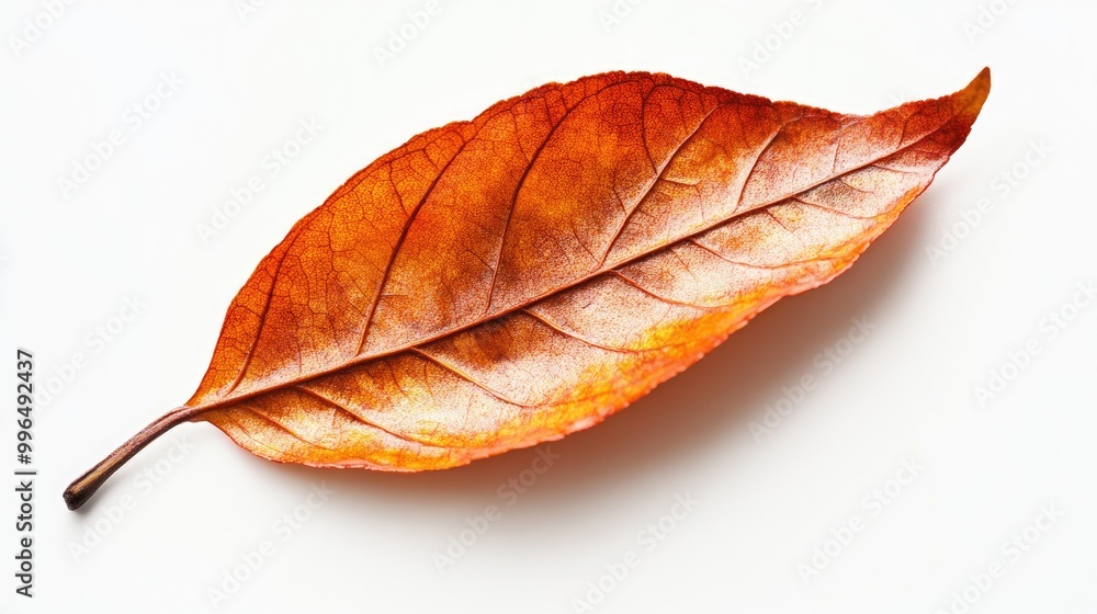 Close up of a single orange leaf resting on a white background Close up of a single orange leaf resting on a white background