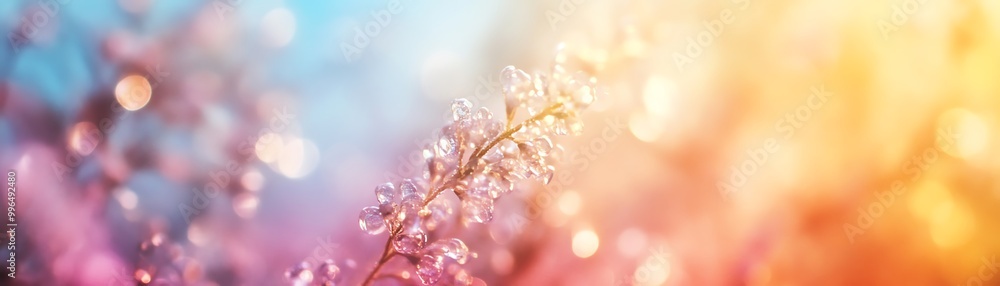 Close-up of delicate frosty branch against vibrant, colorful blurred background in pastel hues, creating a magical winter atmosphere. Close-up of delicate frosty branch against vibrant, colorful blurred background in pastel hues, creating a magical winter atmosphere.