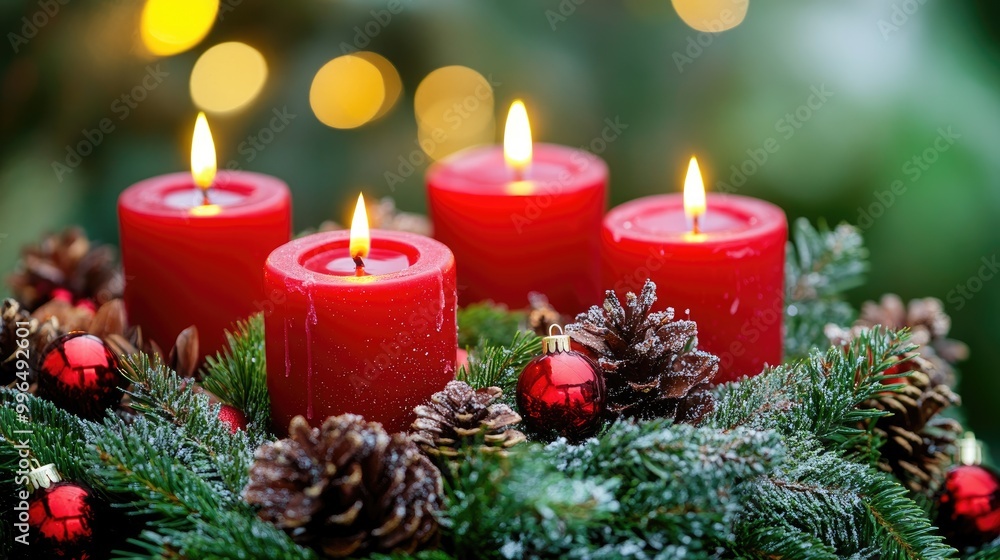 Red candles on an advent wreath adorned with fir featuring Christmas decorations and warm candlelight for a winter holiday greeting Red candles on an advent wreath adorned with fir featuring Christmas decorations and warm candlelight for a winter holiday greeting
