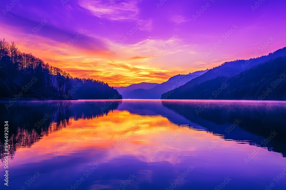 Stunning sunset over a serene lake with colorful reflections, featuring vibrant hues of purple, orange, and blue, surrounded by silhouetted mountains. Stunning sunset over a serene lake with colorful reflections, featuring vibrant hues of purple, orange, and blue, surrounded by silhouetted mountains.
