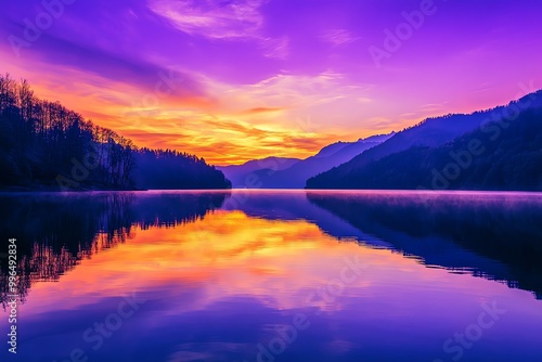 Wallpaper Mural Stunning sunset over a serene lake with colorful reflections, featuring vibrant hues of purple, orange, and blue, surrounded by silhouetted mountains. Torontodigital.ca