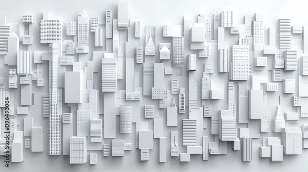 Vertical cityscape, clustered buildings, bright white finish Vertical cityscape, clustered buildings, bright white finish