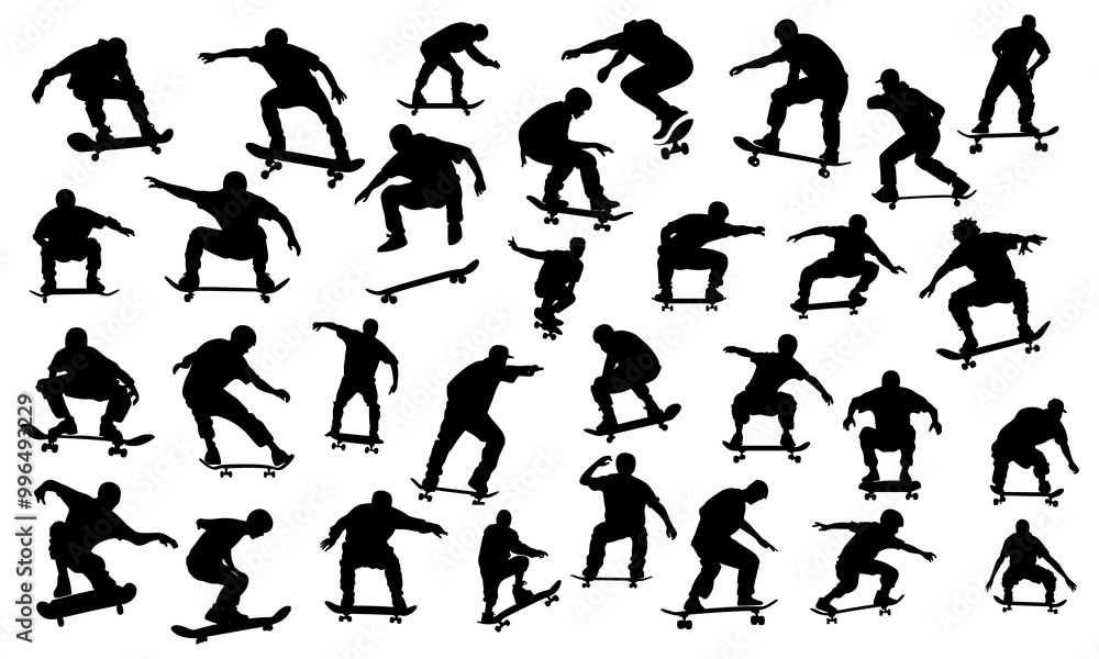Set of silhouette of skateboard player. isolated on white background.