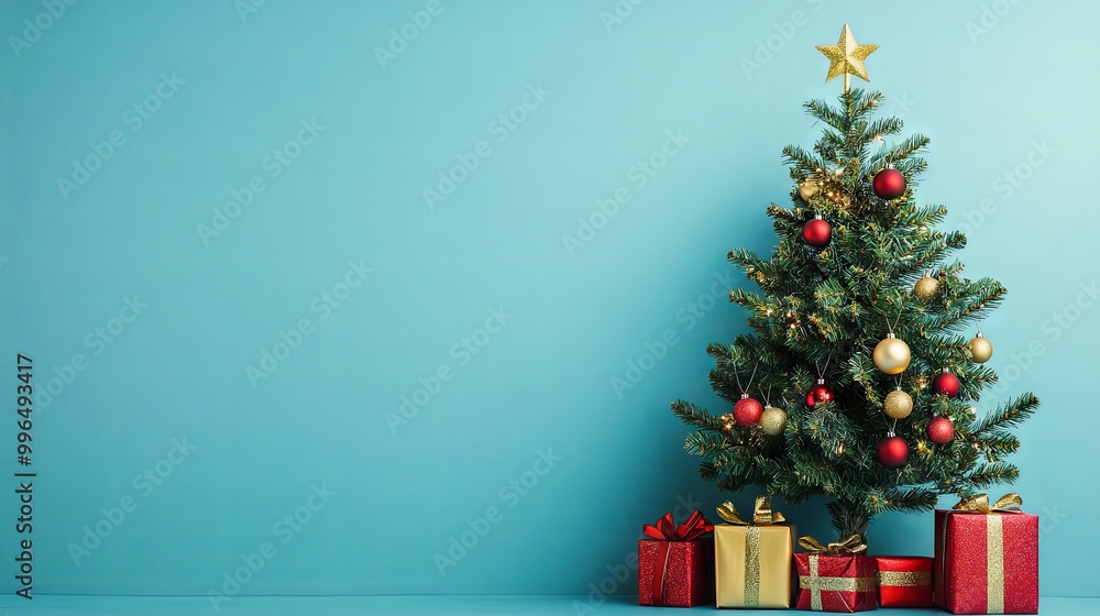 Christmas Tree with Ornaments and Gifts on Blue Background Christmas Tree with Ornaments and Gifts on Blue Background