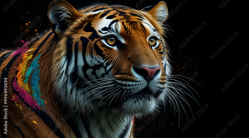 Colorful tiger paint on a black background. Created with generative AI., generative.ai
Colorful tiger paint on a black background. Created with generative AI., generative.ai