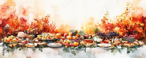 Friendsgiving celebration, buffetstyle feast, vibrant fall backdrop, Watercolor style photo