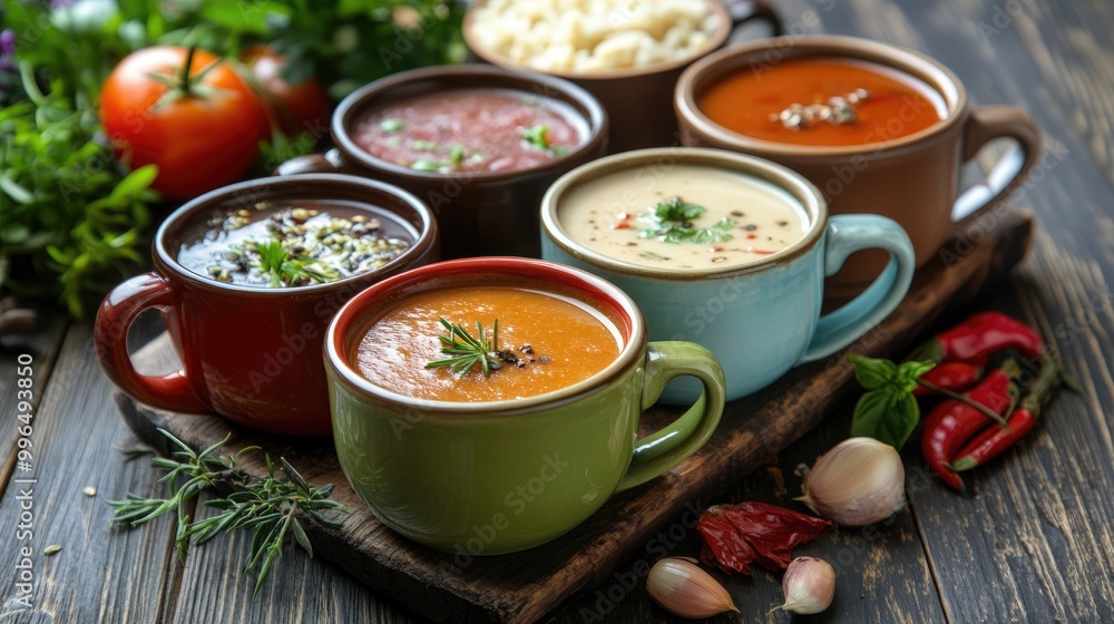 Variety of tasty homemade soups served in enamel mugs accompanied by fresh ingredients Healthy cuisine idea Variety of tasty homemade soups served in enamel mugs accompanied by fresh ingredients Healthy cuisine idea