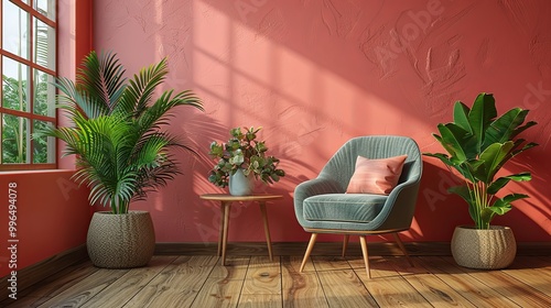 Pastel TV room with green armchair and decoration accessory- 3D rendering