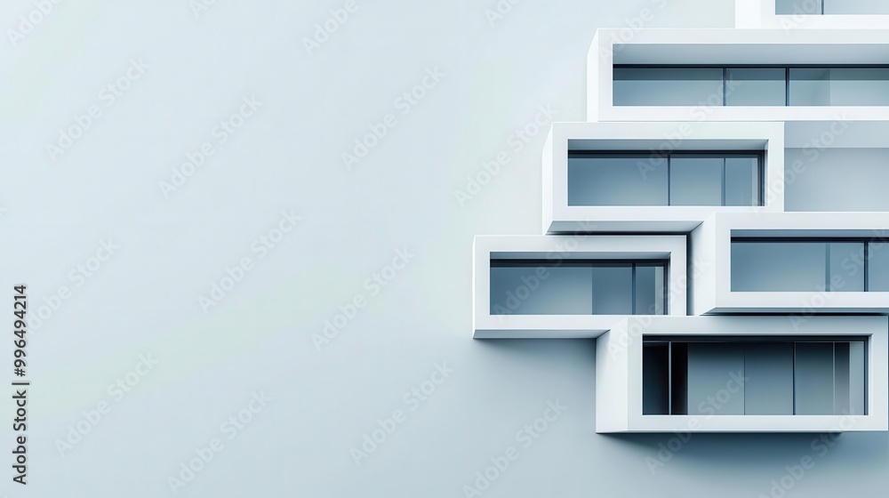 Multi-layered architectural mass, dynamic facade, all-white Multi-layered architectural mass, dynamic facade, all-white
