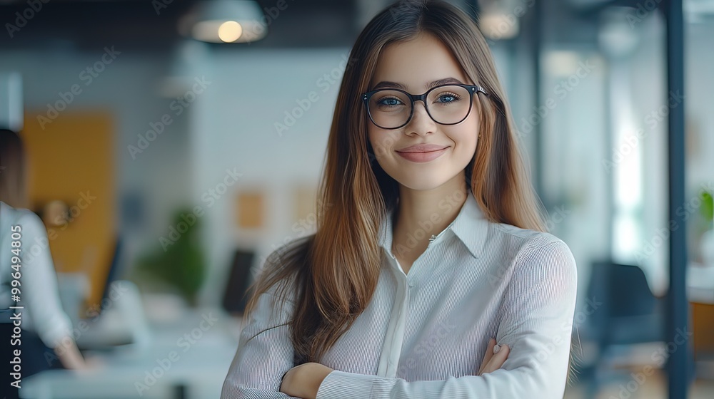 Fototapeta premium Confident Woman in a White Shirt and Glasses in an Office