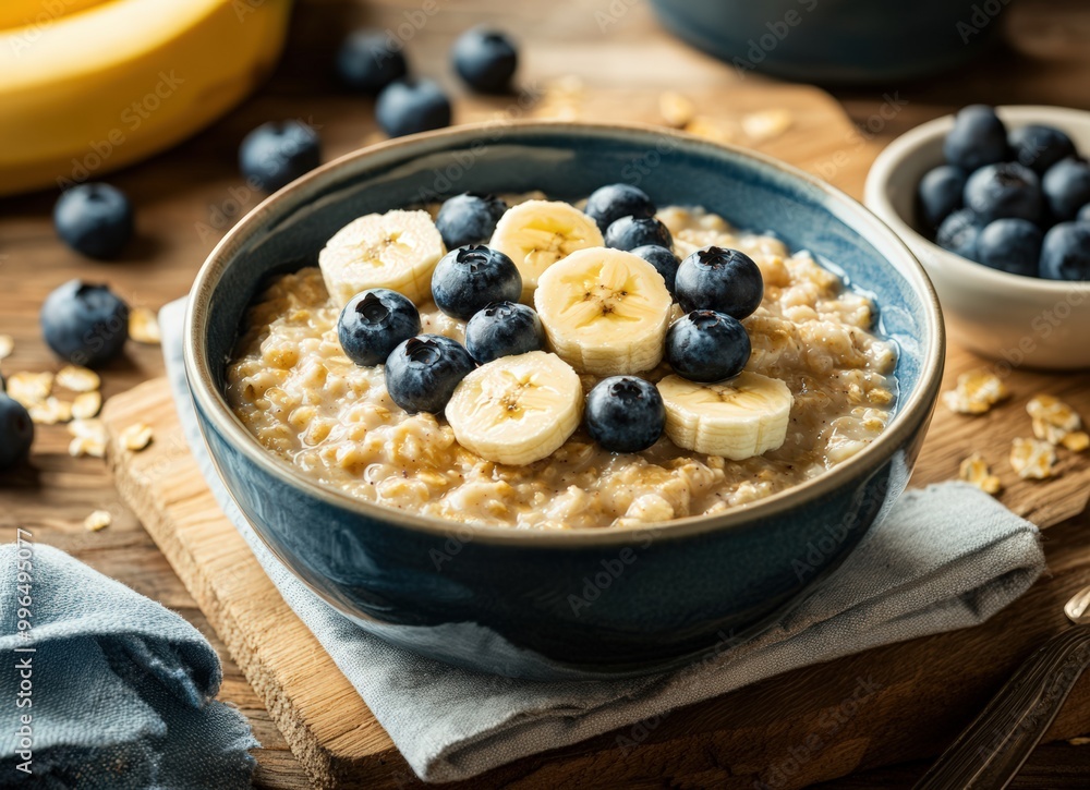 Oatmeal with blueberries and banana in a bowl on a wooden table. Rice in a rustic bowl of porridge with banana and blueberries on a wooden background, a morning healthy breakfast meal or energy dish Oatmeal with blueberries and banana in a bowl on a wooden table. Rice in a rustic bowl of porridge with banana and blueberries on a wooden background, a morning healthy breakfast meal or energy dish