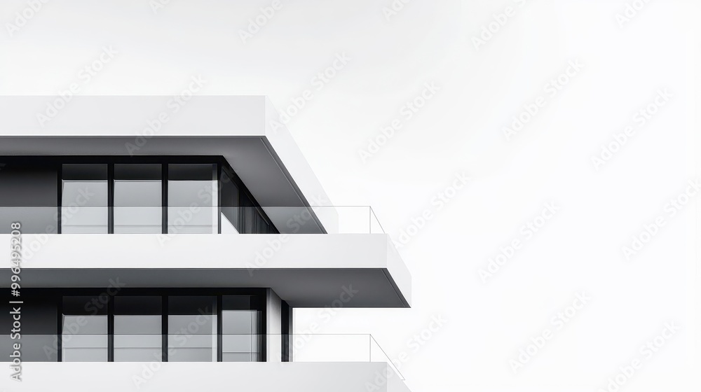 Multi-layered architectural mass, dynamic facade, all-white Multi-layered architectural mass, dynamic facade, all-white