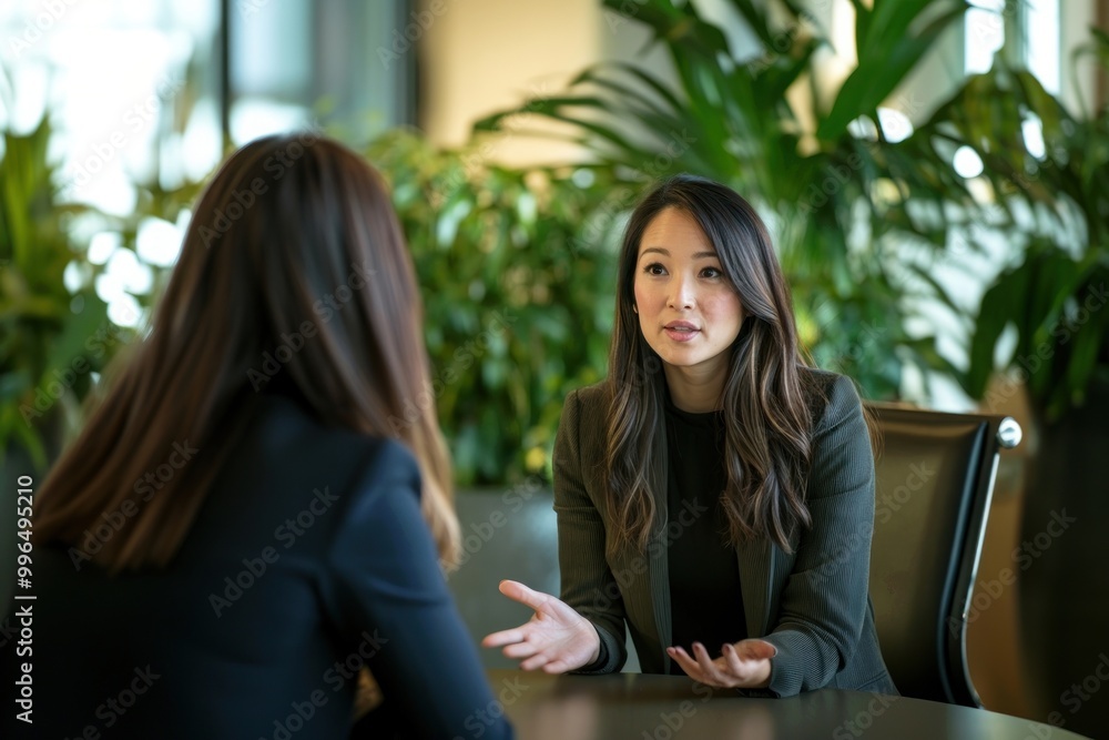 A female american mixed asian in her 40s business manager talk to a female interview conversation businesswomen professional. A female american mixed asian in her 40s business manager talk to a female interview conversation businesswomen professional.