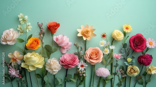 Fototapeta Naklejka Na Ścianę i Meble -  A vibrant bouquet of various colorful paper flowers including roses carnations and daisies set against a soft pastel green backdrop for decorative purposes