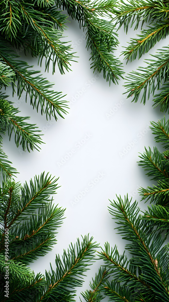 Decorative border frame with evergreen pine branches isolated on white background with copy space for text Decorative border frame with evergreen pine branches isolated on white background with copy space for text