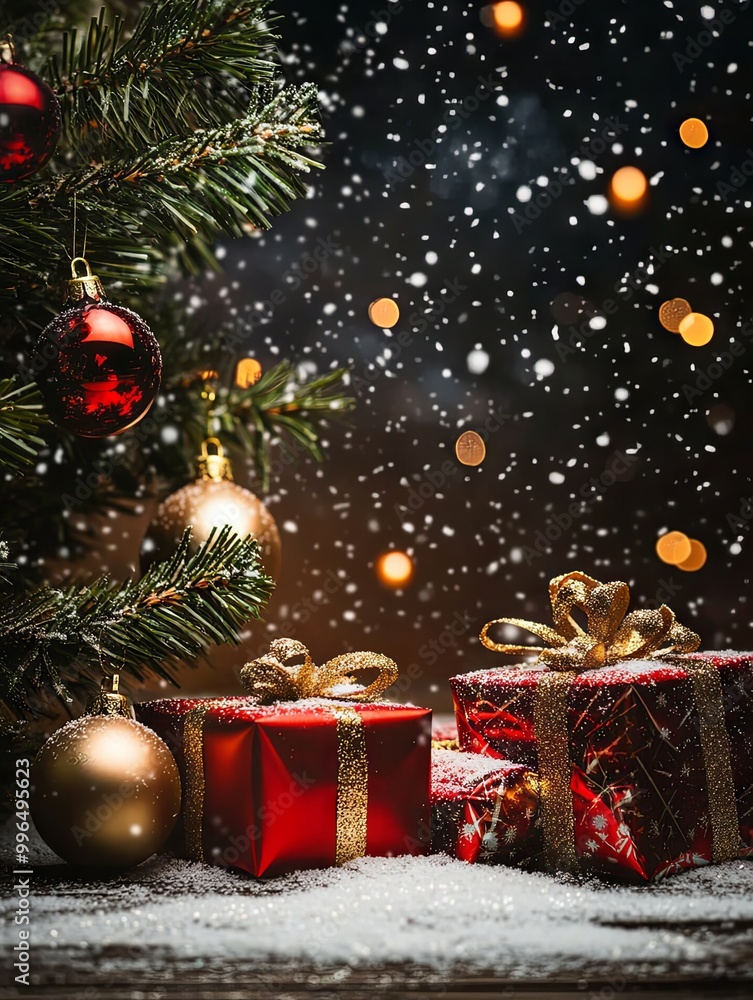 Christmas Tree with Gifts and Snowfall - Festive Holiday Decor Christmas Tree with Gifts and Snowfall - Festive Holiday Decor