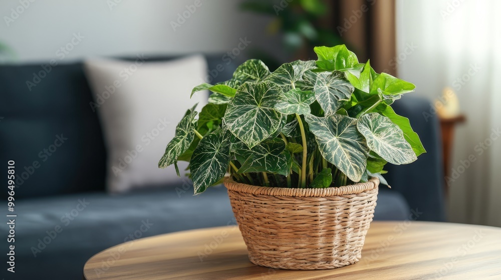 Indoor Syngonium Podophyllum Arrow houseplant in a decorative basket pot placed on a wooden coffee table Indoor Syngonium Podophyllum Arrow houseplant in a decorative basket pot placed on a wooden coffee table