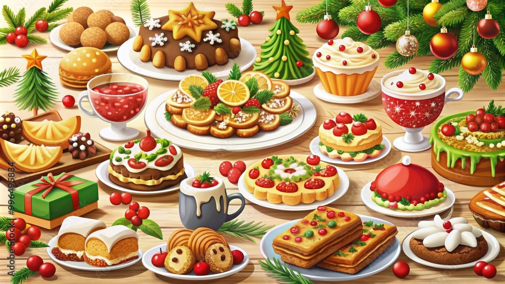 A festive display of assorted holiday desserts and treats, including cookies, cakes, and pastries, beautifully arranged with decorations. A festive display of assorted holiday desserts and treats, including cookies, cakes, and pastries, beautifully arranged with decorations.