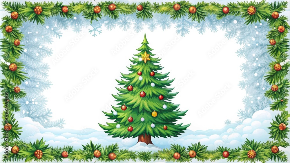Christmas tree with border pine branches and gentle snowfall for holiday themed designs. Christmas tree with border pine branches and gentle snowfall for holiday themed designs.