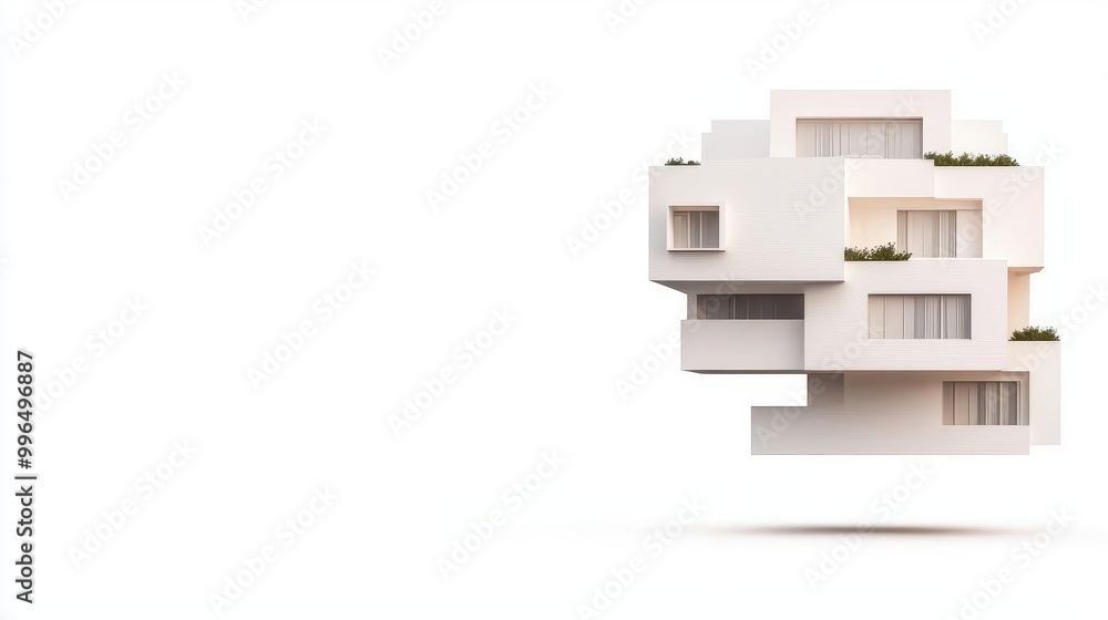 Floating building cluster, dynamic arrangement, white palette Floating building cluster, dynamic arrangement, white palette