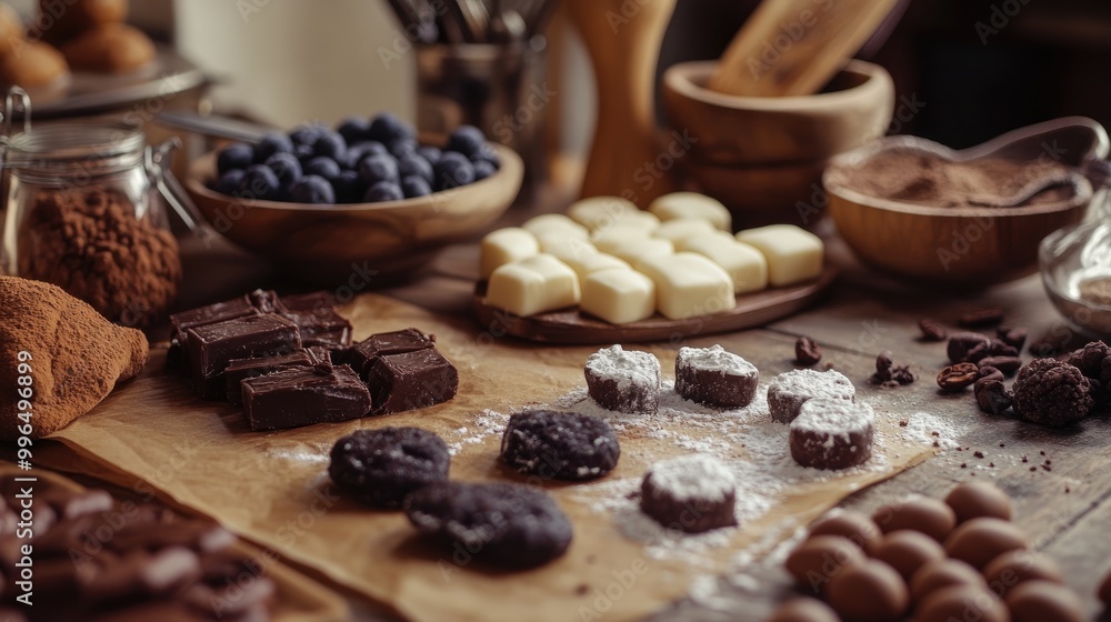 Ingredients for baking sweets arranged on a table in a production setting Ingredients for baking sweets arranged on a table in a production setting