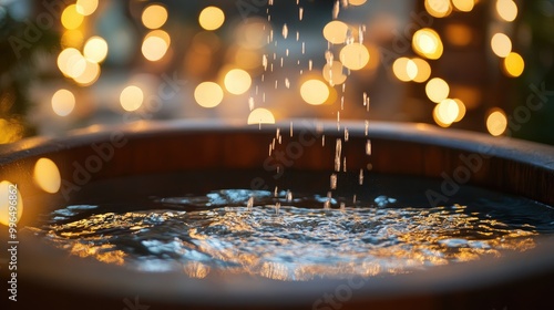 A baptismal font filled with water and surrounded by softly glowing bokeh lights representing the spiritual rituals of Christianity
