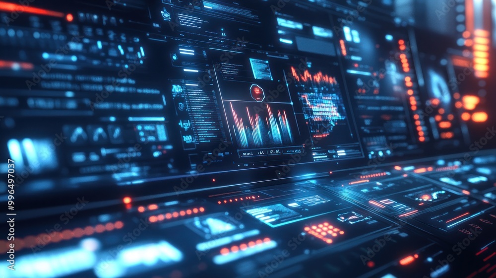 Futuristic digital interface displaying data analytics and visualizations. Futuristic digital interface displaying data analytics and visualizations.