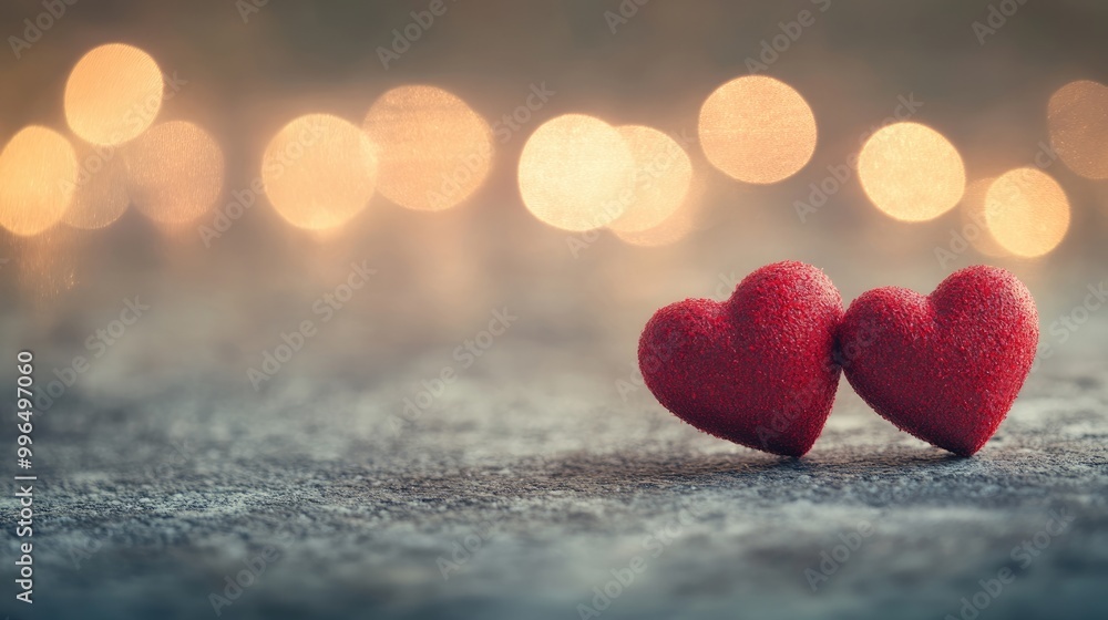 Valentine s Day panoramic background featuring two red hearts and bokeh lights against a rustic bright stone concrete texture Valentine s Day panoramic background featuring two red hearts and bokeh lights against a rustic bright stone concrete texture