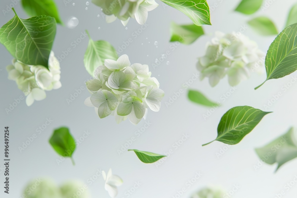 Obraz premium Floating white flowers and green leaves in motion