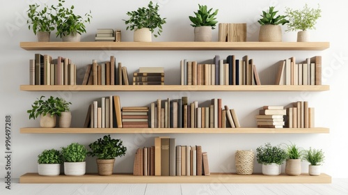 Wallpaper Mural Wooden bookshelves filled with books and potted plants, isolated on a white background for a modern, natural decor vibe. Torontodigital.ca