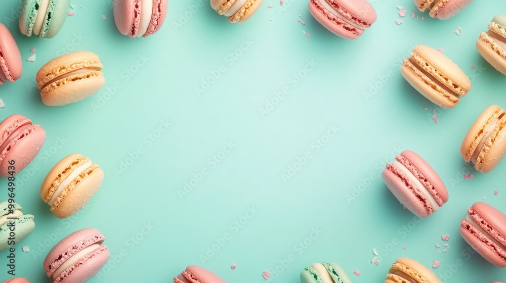 Colorful macaron frame on a pastel mint background showcasing French cookies in an overhead dessert view Colorful macaron frame on a pastel mint background showcasing French cookies in an overhead dessert view