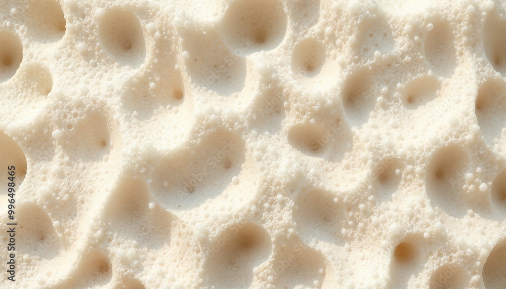 Macro view of creamy textured foam with bubbles on a light background and copy space, spongy foam texture Macro view of creamy textured foam with bubbles on a light background and copy space, spongy foam texture