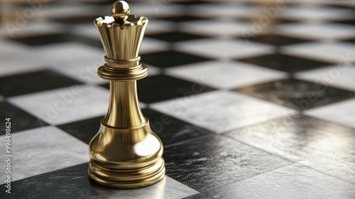 A golden king chess piece placed on a classic chess board featuring alternating black and white squares photo