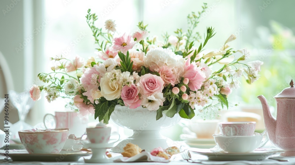 Elegant tea table arrangement featuring a charming display of pink and white floral accents Elegant tea table arrangement featuring a charming display of pink and white floral accents