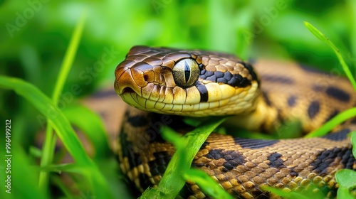 Wild adder snake captured resting in lush grass