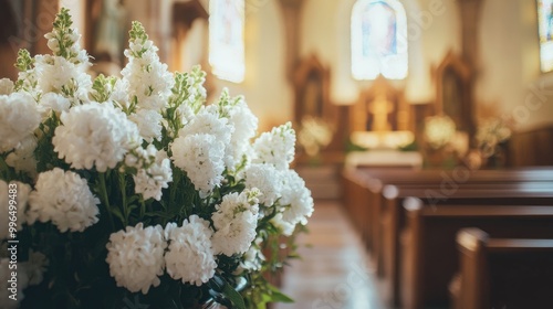 Urn containing ashes placed in a church surrounded by white flowers during a memorial service