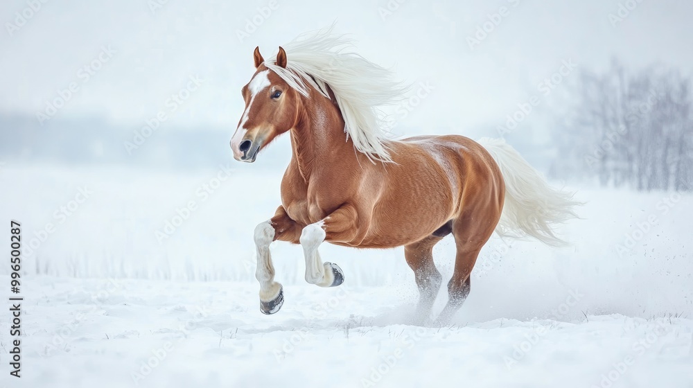 A red Haflinger horse with a white mane gallops through a snowy field showcasing dynamic movement and freedom in a winter landscape Concept equestrian sport A red Haflinger horse with a white mane gallops through a snowy field showcasing dynamic movement and freedom in a winter landscape Concept equestrian sport
