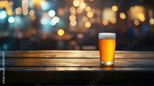 Empty wooden table with a glass of light beer set against a defocused background featuring bokeh lights and a blurred ambiance of a cafe and pub photo