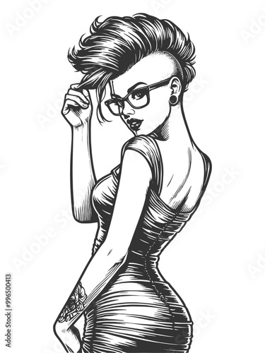 Stylish punk woman, mohawk and tattoos adjusting her glasses, alternative fashion sketch engraving generative ai fictional character vector illustration. Scratch board imitation. Black and white image