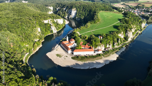 Germany, Bavaria, Kelheim,  Aerial view of Weltenburg Monastery, Benedictine Abbey, on the Danube photo