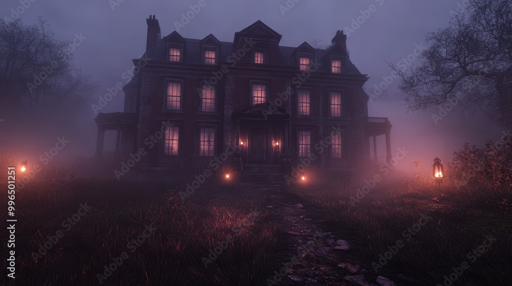 Eerie Abandoned Mansion Shrouded in Fog with Glowing Lanterns Eerie Abandoned Mansion Shrouded in Fog with Glowing Lanterns