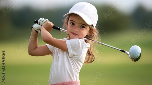 Cute children learning to play golf There is training to have skills that are good enough to compete or be a hobby.