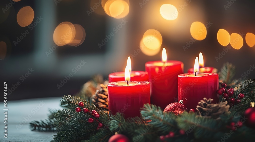 Red candles on an advent wreath adorned with fir featuring Christmas decorations and warm candlelight for a winter holiday greeting Red candles on an advent wreath adorned with fir featuring Christmas decorations and warm candlelight for a winter holiday greeting
