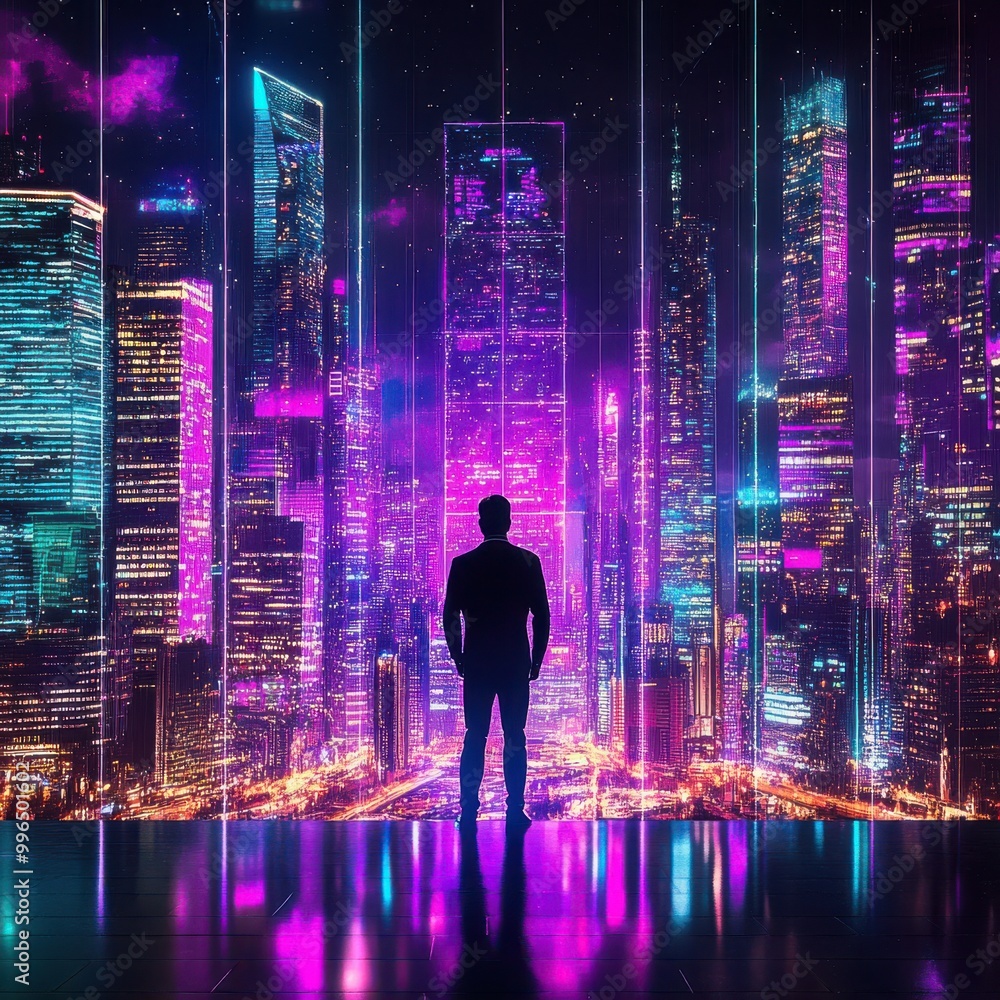 Fototapeta premium CEO, futuristic business vision, holographic strategic plan, neon-lit city skyline