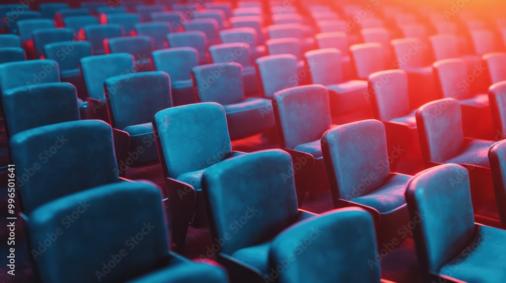 Fototapeta premium COVID 19 concept illustrated by an image of numerous vacant seats in a public area highlighting the impact of quarantine and the cancellation of events due to the virus